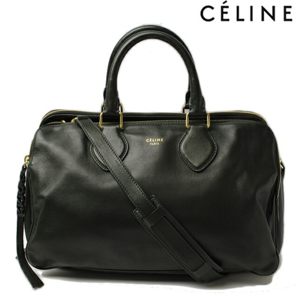 Celine Boston Bag Shoulder Strap Dark Green Leather